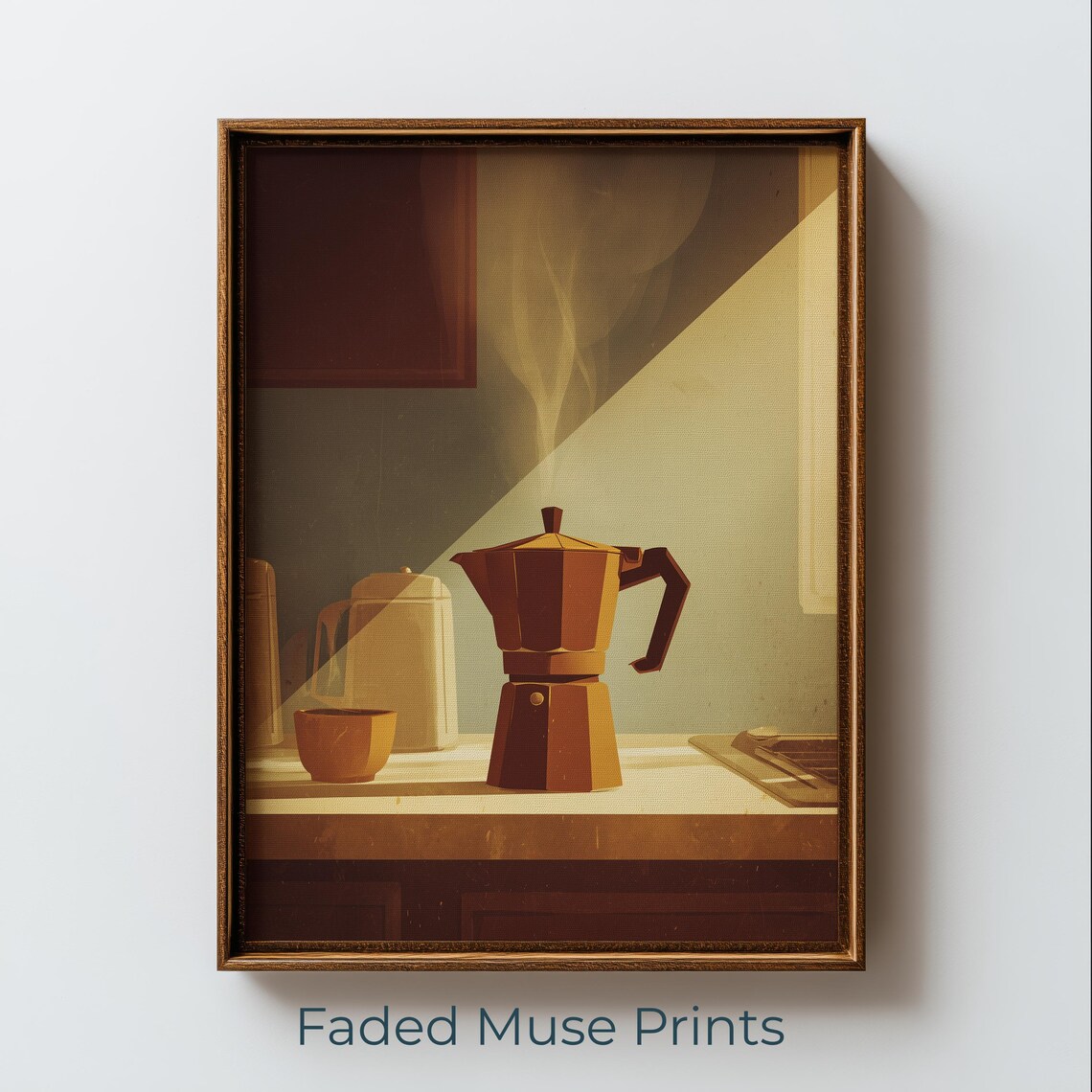Vintage Moka Pot Coffee Painting Poster Warm Retro Kitchen Morning Brew