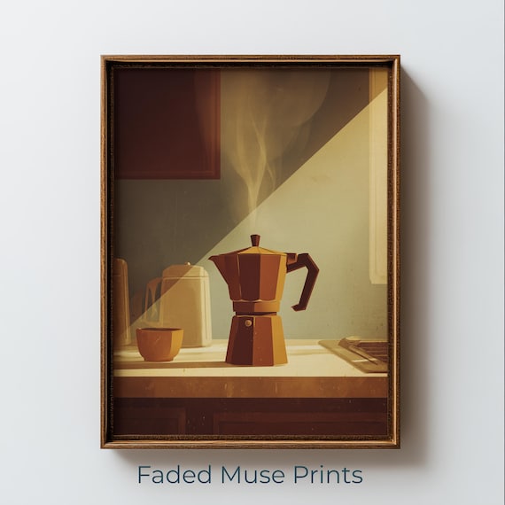 Vintage Moka Pot Coffee Painting Poster Warm Retro Kitchen Morning Brew