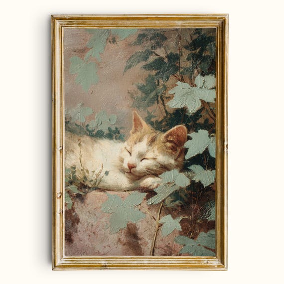 Sleeping Cat Wall Art Earthy Cottage Botanical Print Moody Decor Printable Instant Download
