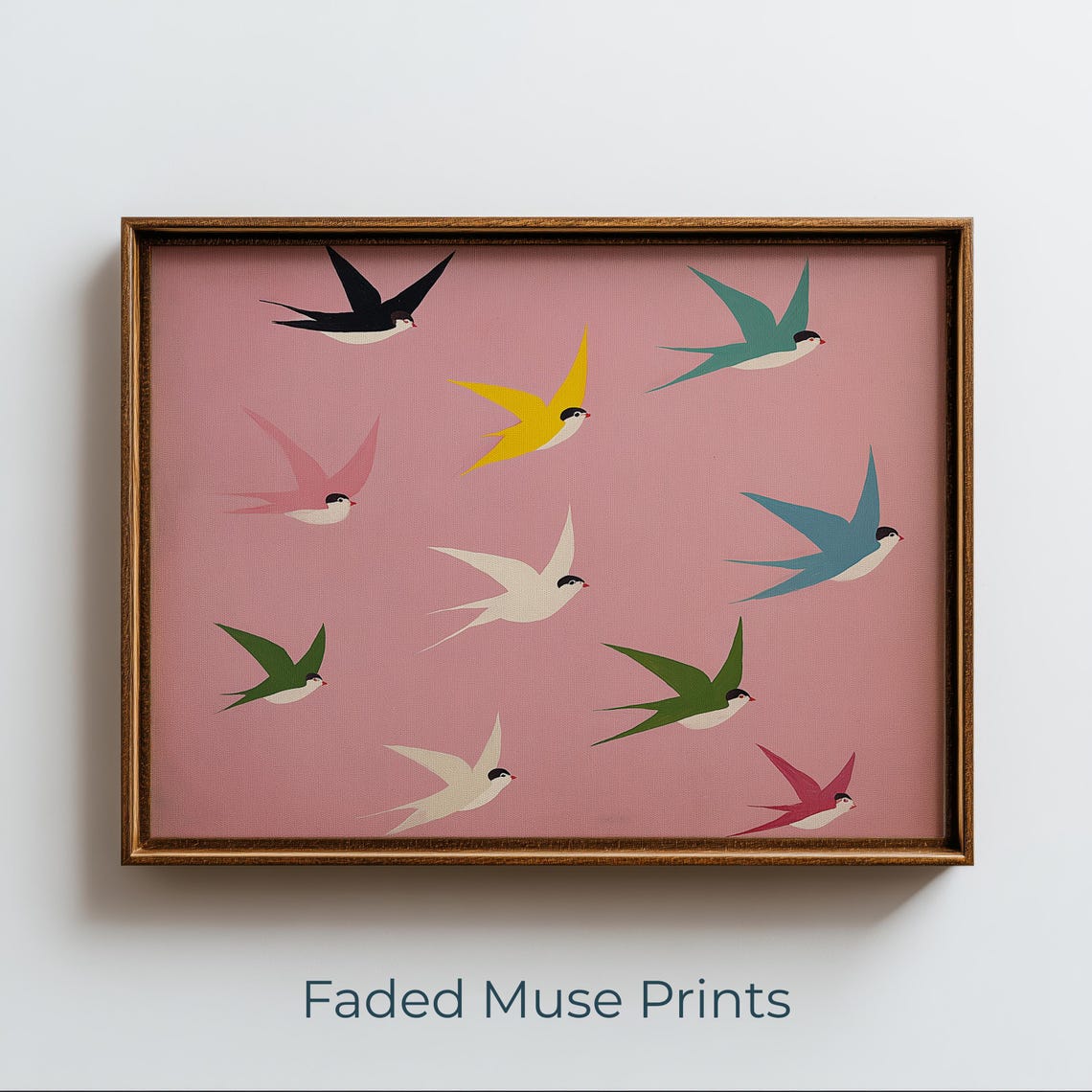 Retro Midcentury Colorful Swallows In Flight Scandinavian Wall Art