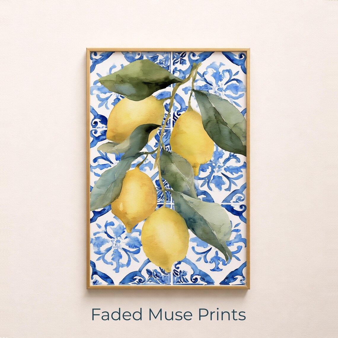 Lemon Branch Watercolor Blue Azulejo Tile Pattern Mediterranean Art Print