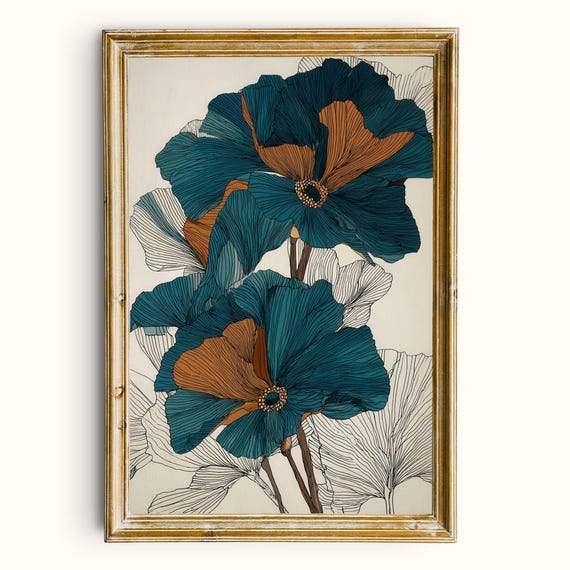Abstract Poppy Wall Art Teal Botanical Print Modern Floral Illustration Mid Century Inspired Flower Printable Instant Download