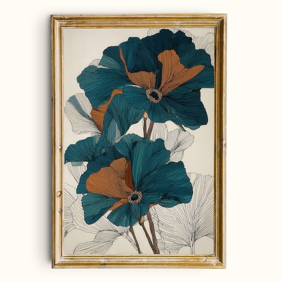 Abstract Teal Poppy Flower Modern Botanical Illustration Print