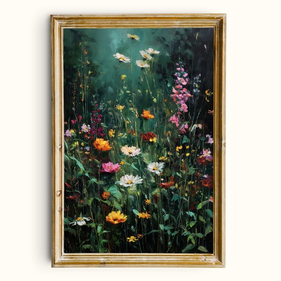 Wildflower Meadow Print Dark Botanical Floral Painting Printable Wall Art Digital Download