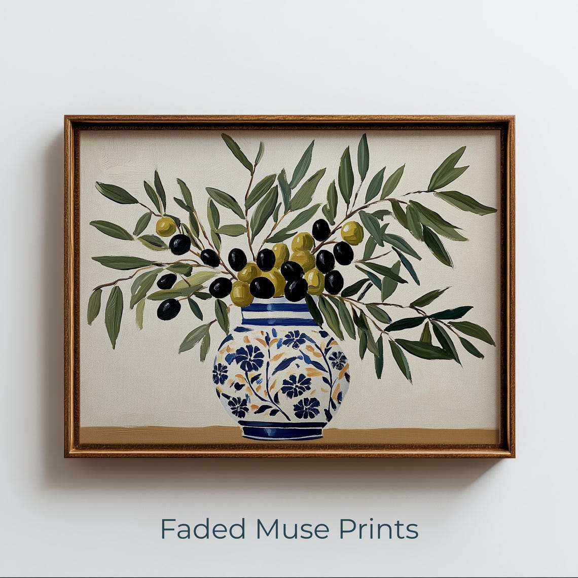 Mediterranean Olive Branch Still Life Blue Ceramic Vase Botanical Art Digital Download 1608