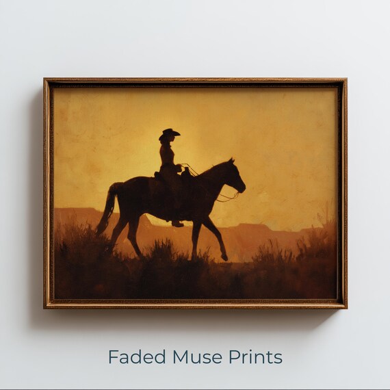 Cowgirl Silhouette On Horseback Amber Western Sunset Riding Poster