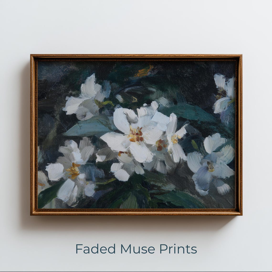 Vintage Moody White Blossom Dark Floral Cottagecore Painting Wall Art