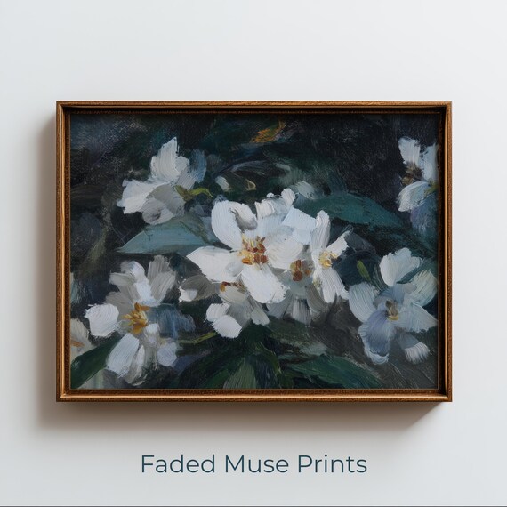 Vintage Moody White Blossom Dark Floral Cottagecore Painting Wall Art