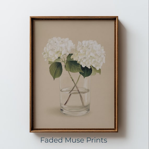 White Hydrangea Watercolor Minimalist Cottagecore Floral Vase Art Wall Poster