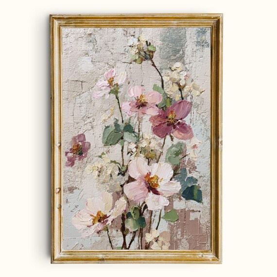 Soft Pink Floral Painterly Botanical Art Vintage Wildflower Meadow Wall Poster