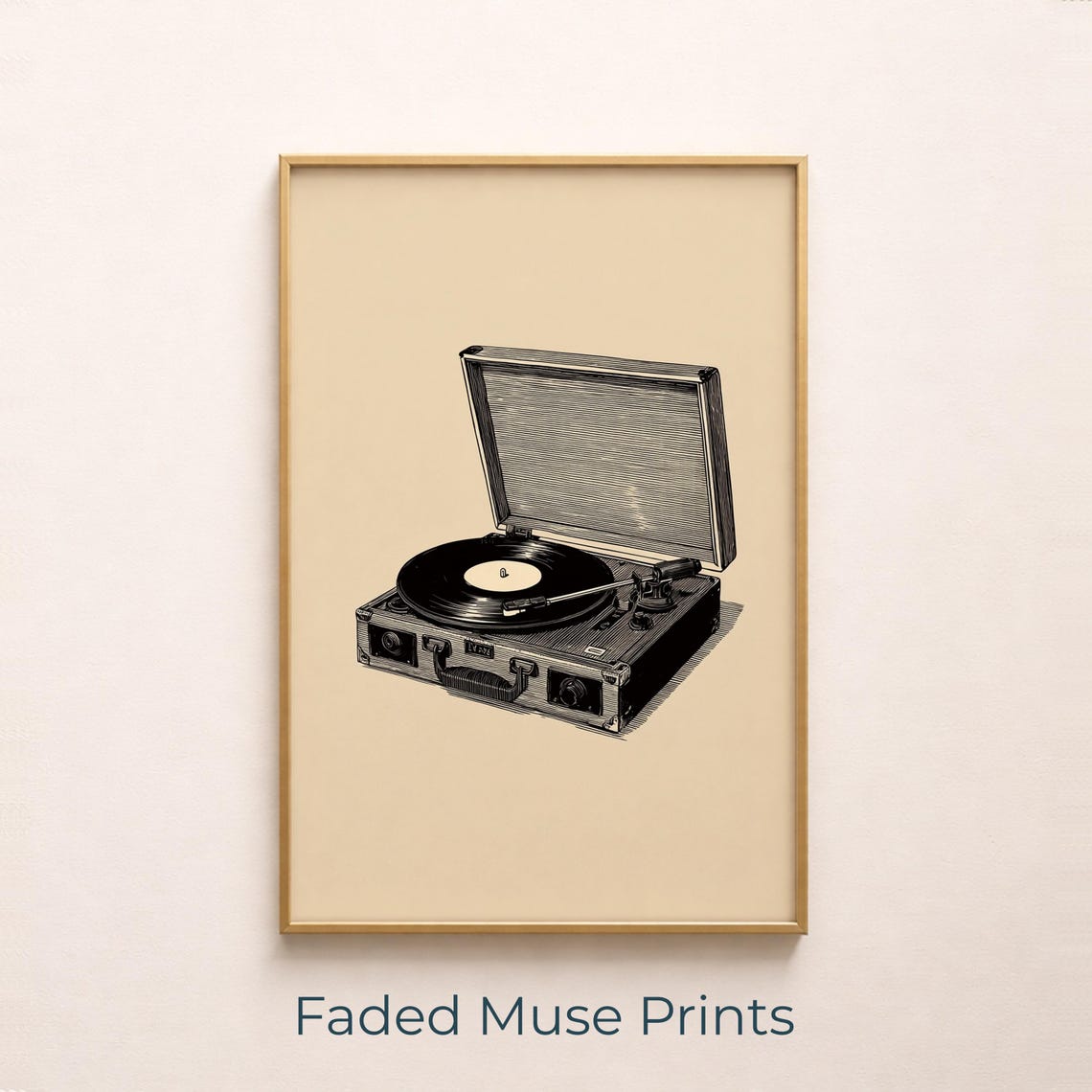 Vintage Suitcase Record Player Engraving Style Music Wall Poster