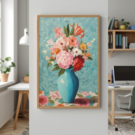 Colorful Floral Bouquet Turquoise Vase Impasto Style Wall Art