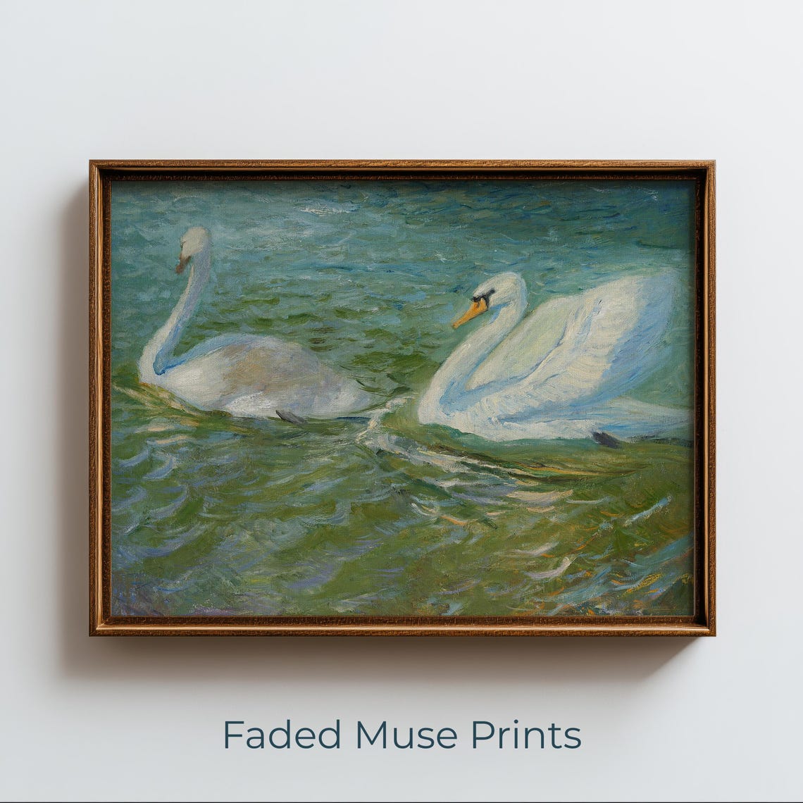Vintage Two White Swans on Green Water Impressionist Art Poster