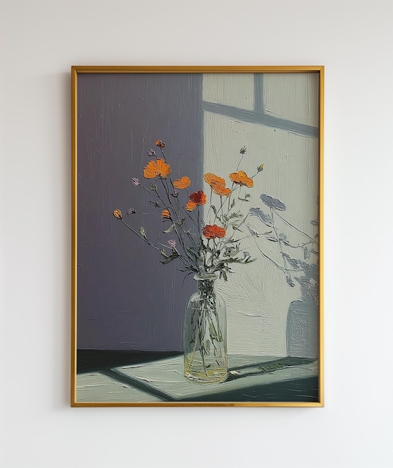 Orange Poppies in Glass Bottle Moody Windowsill Floral Oil Painting Poster