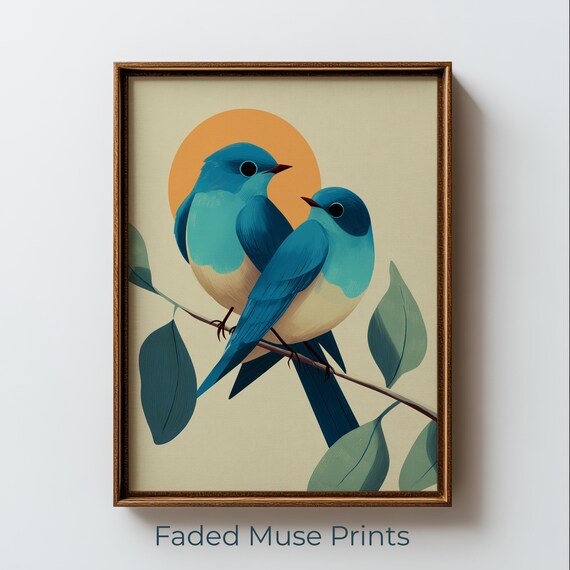 Two Bluebirds On Branch Retro Modern Cottagecore Bird Illustration Print