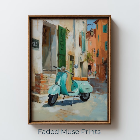 Vintage Teal Scooter Italian Cobblestone Street Oil Painting Print