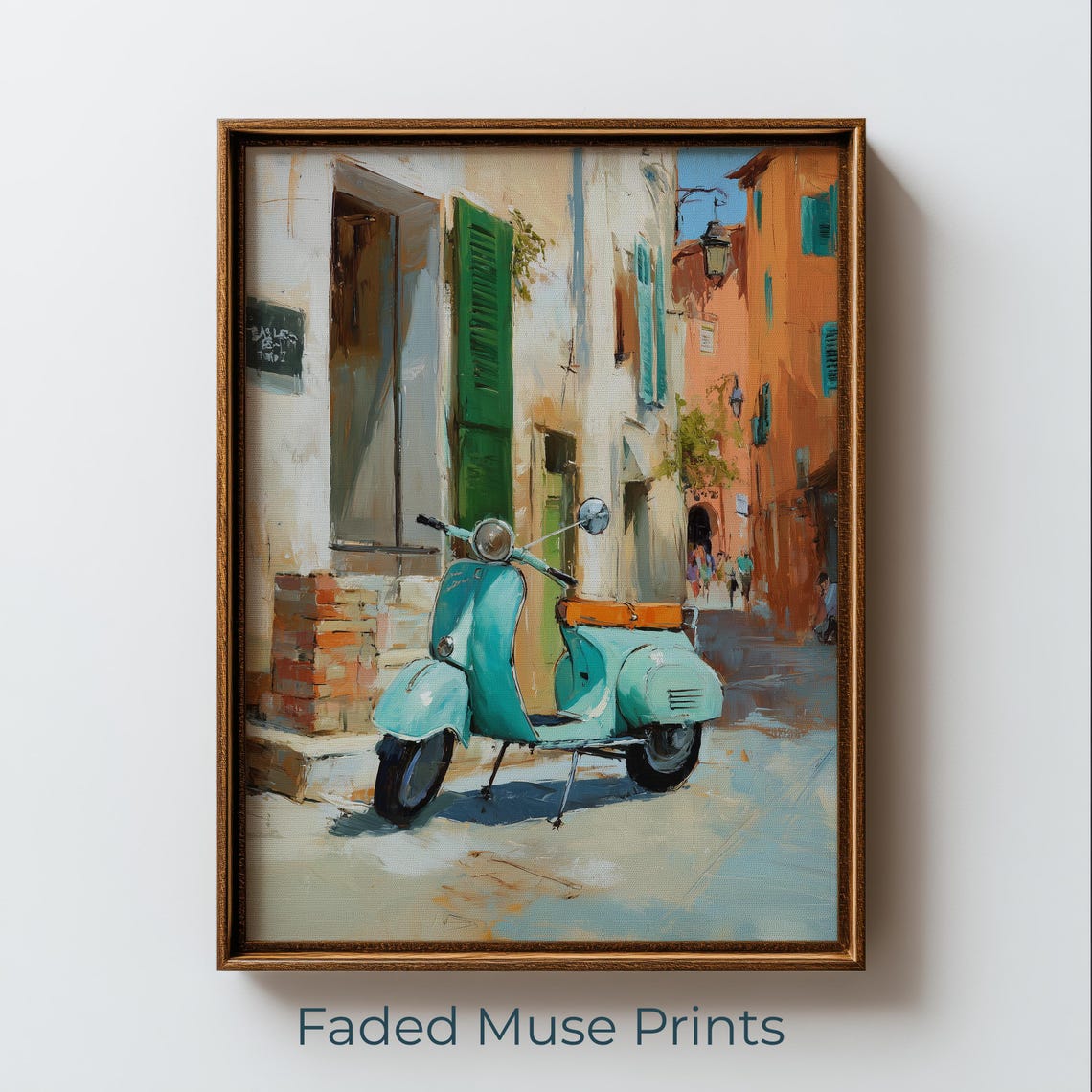 Vintage Teal Scooter Italian Cobblestone Street Oil Painting Print