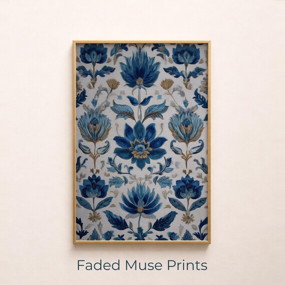 Vintage Blue Floral Pattern Botanical Wallpaper Style Wall Print