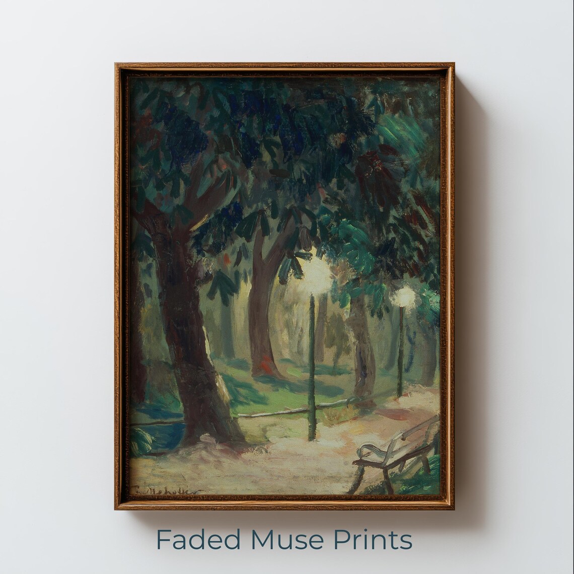 Impressionist Park at Dusk Tree Lined Path Lamppost Night Painting Poster
