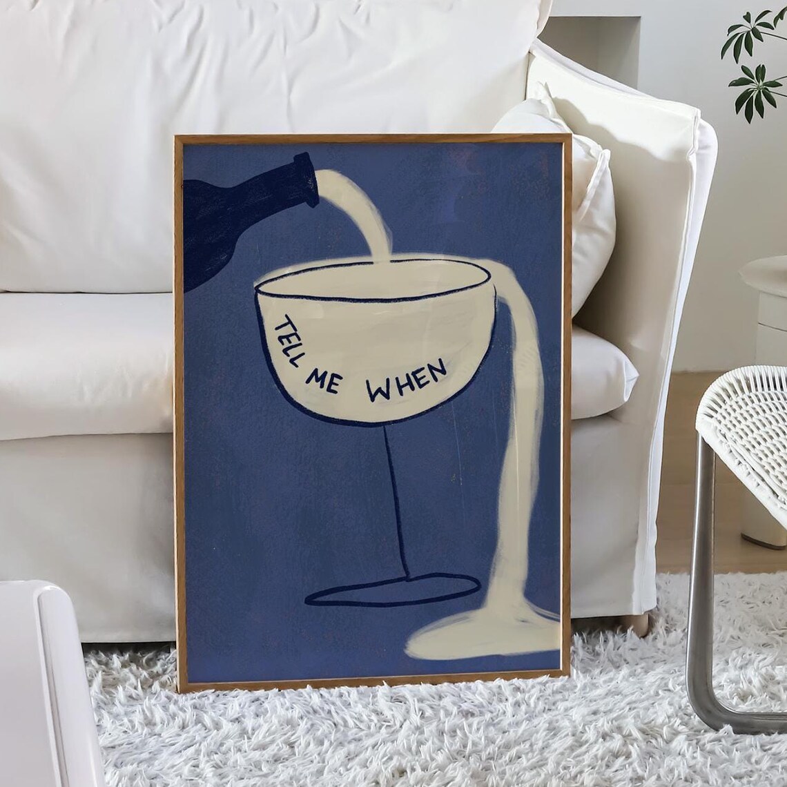Tell Me When Overflowing Wine Glass Navy Blue Kitchen Bar Poster