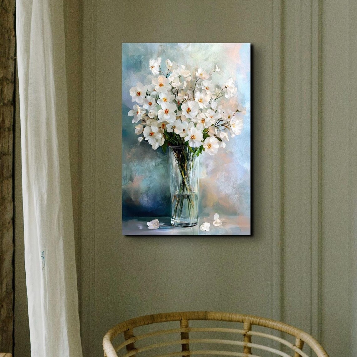 White Blossom Bouquet in Glass Vase Soft Floral Still Life Poster