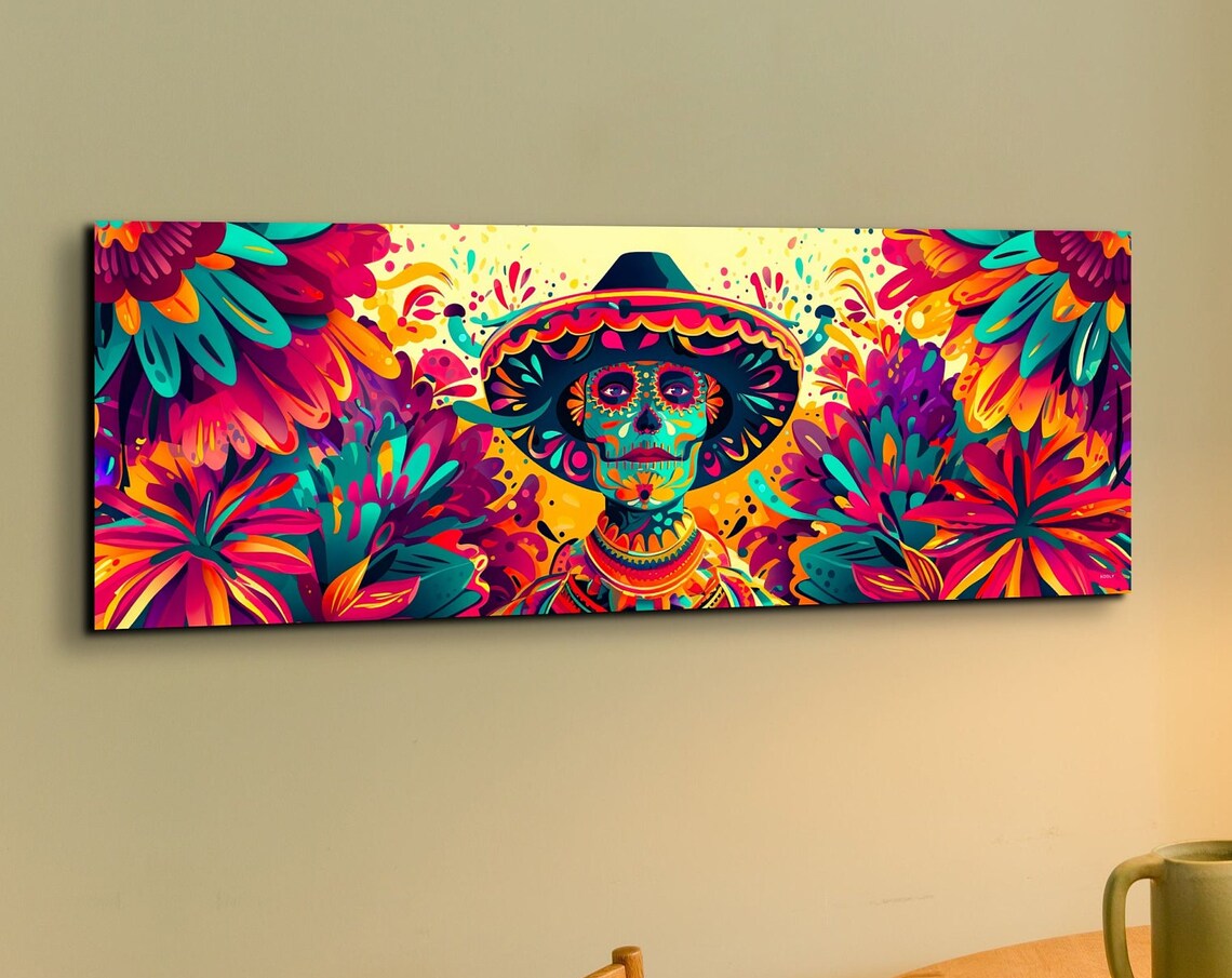 Sugar Skull Wearing a Sombrero in Bright Mexican Floral Art Poster