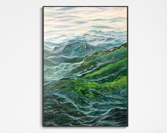Emerald Ocean Waves Rolling Green Sea Textured Oil Painting Wall Art Poster