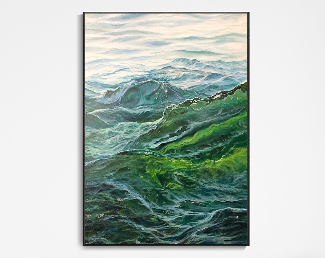 Emerald Ocean Waves Rolling Green Sea Textured Oil Painting Wall Art Poster