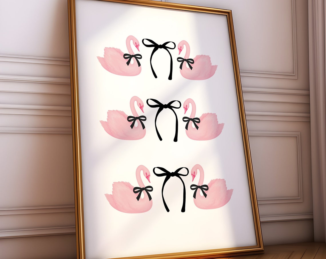Pink Swans With Black Bows Balletcore Trio Illustration Poster