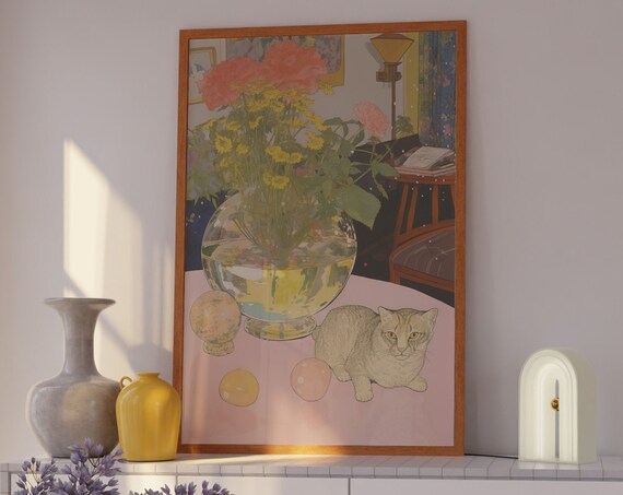 Grey Cat With Flower Vase Pastel Pink Table Still Life Poster