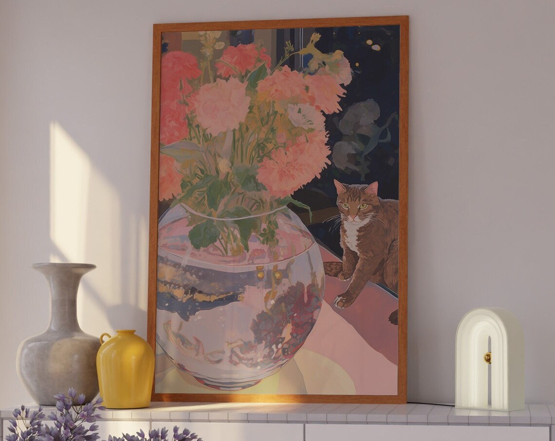 Tabby Cat Beside a Glass Vase of Pink Flowers Night Art Poster