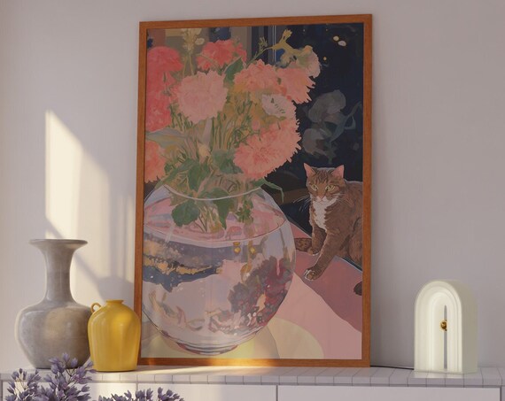 Tabby Cat Beside a Glass Vase of Pink Flowers Night Art Poster