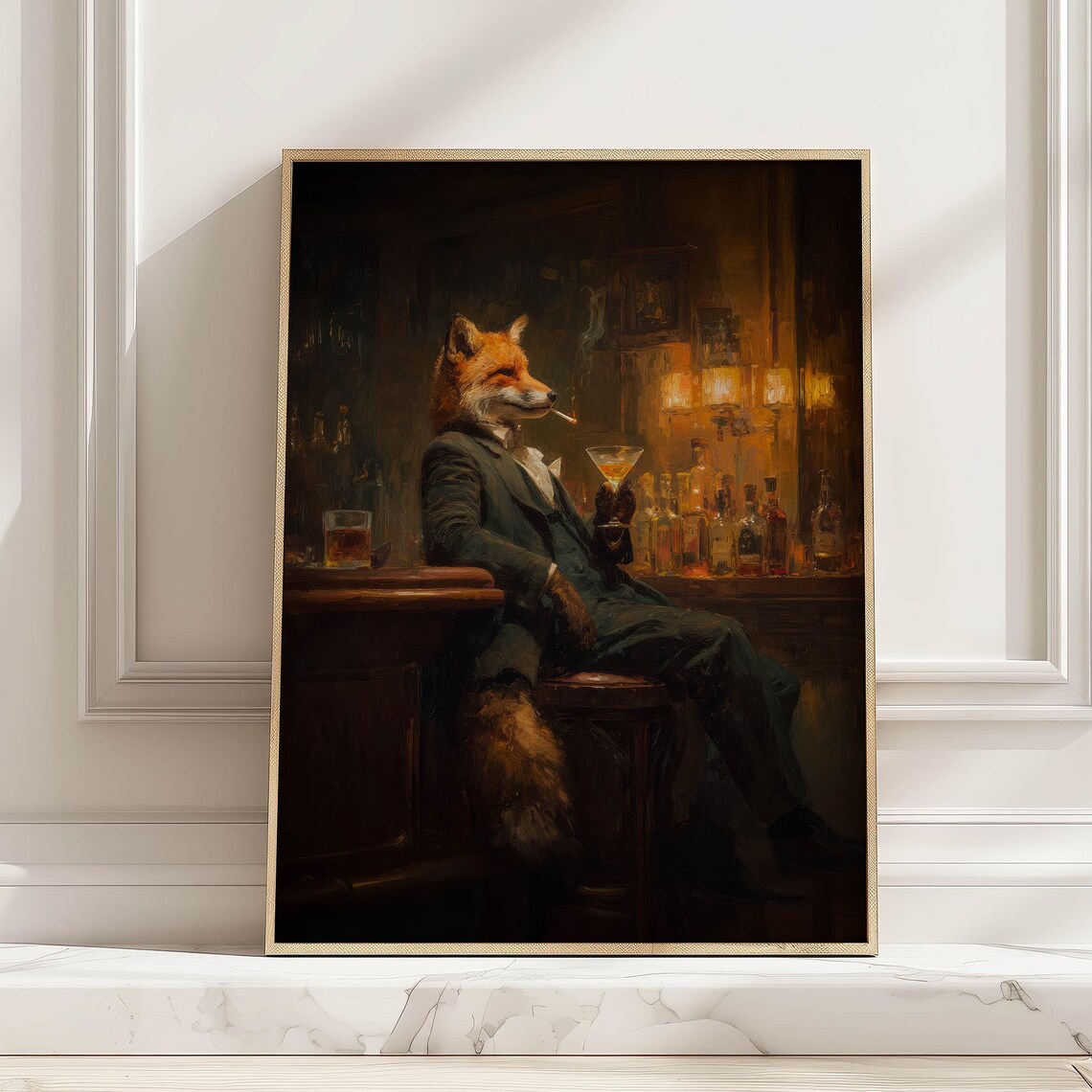 Moody Fox Gentleman At Bar, Vintage Art Print