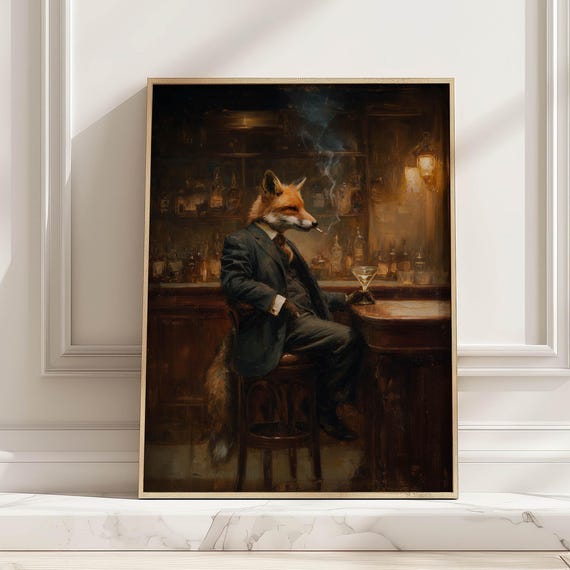 Vintage Fox Gentleman In Suit Poster Rustic Smoky Cocktail Bar Art Print Living Room