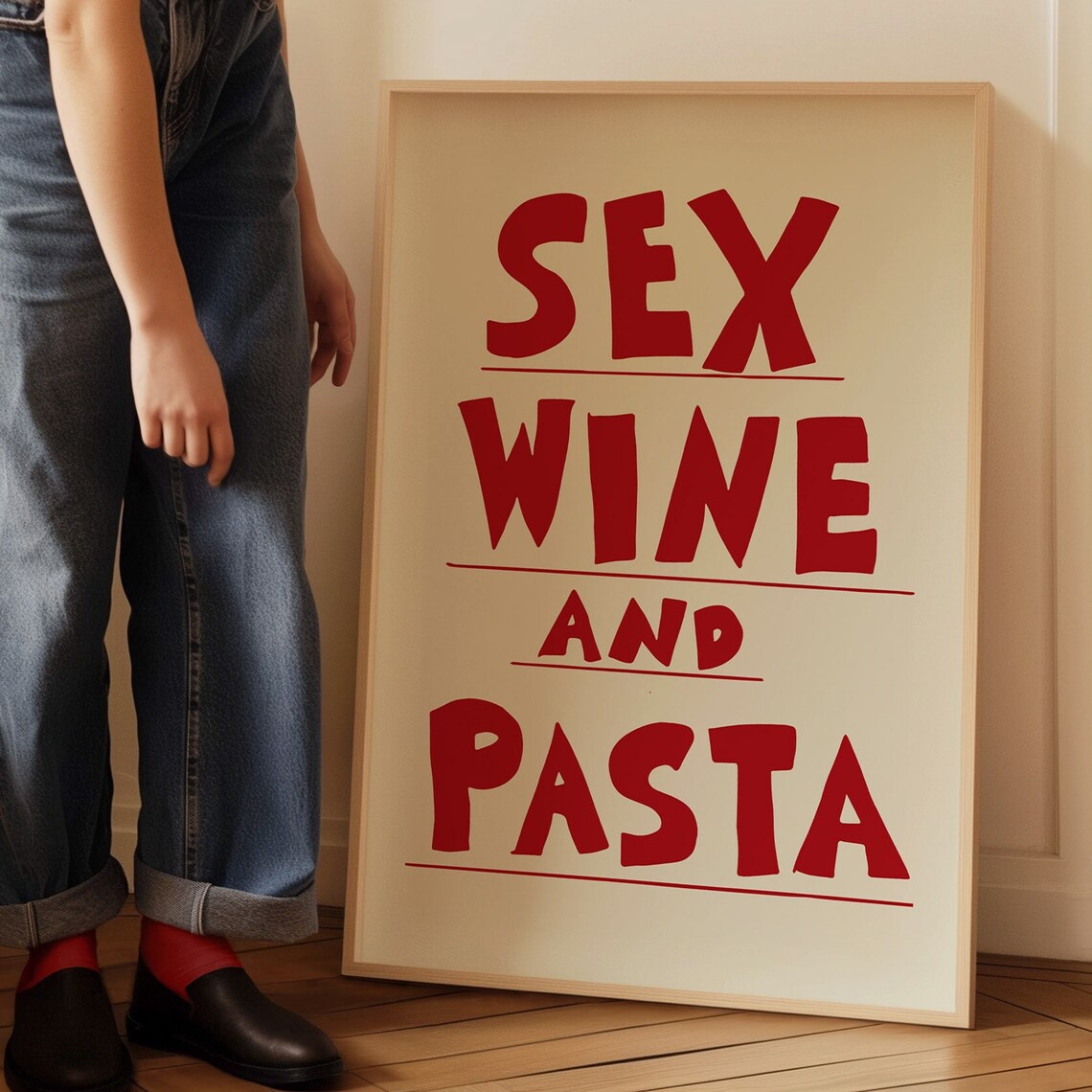 Sex Wine And Pasta Red Bold Typography Funny Kitchen Decor Poster