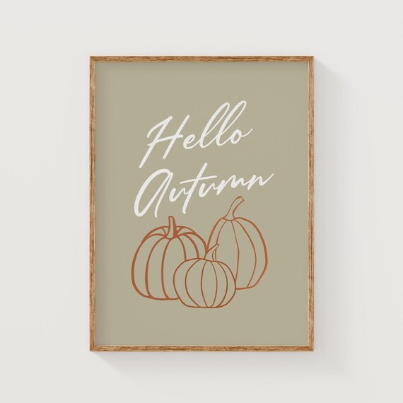 Hello Autumn Pumpkins Script Sage Fall Seasonal Quote Art Poster
