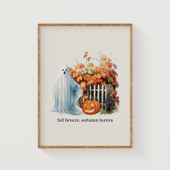 Fall Breeze Autumn Leaves Ghost Pumpkin Watercolor Art Poster