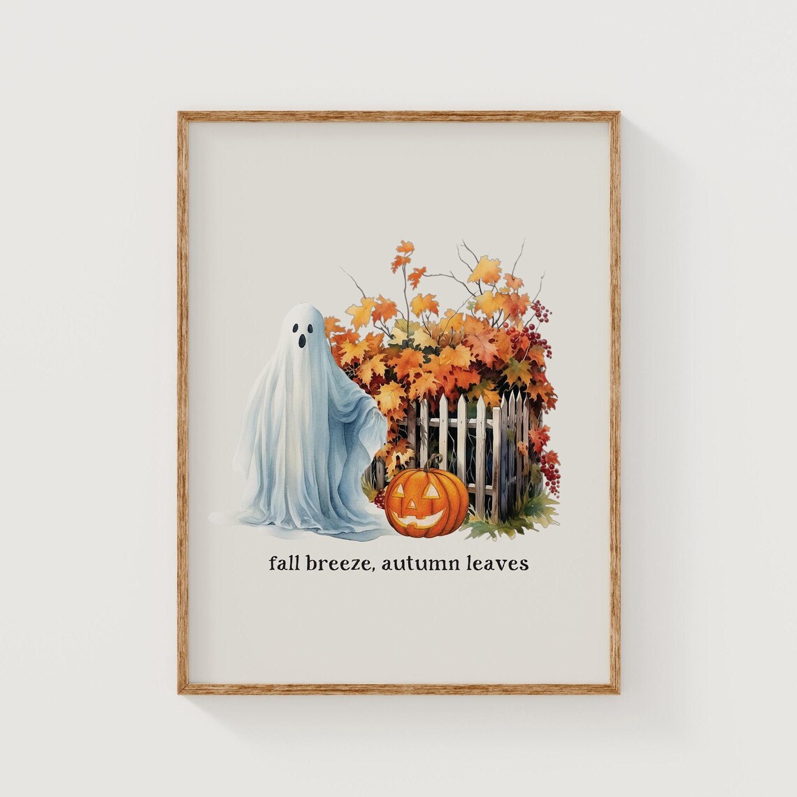 Fall Breeze Autumn Leaves Ghost Pumpkin Watercolor Art Poster