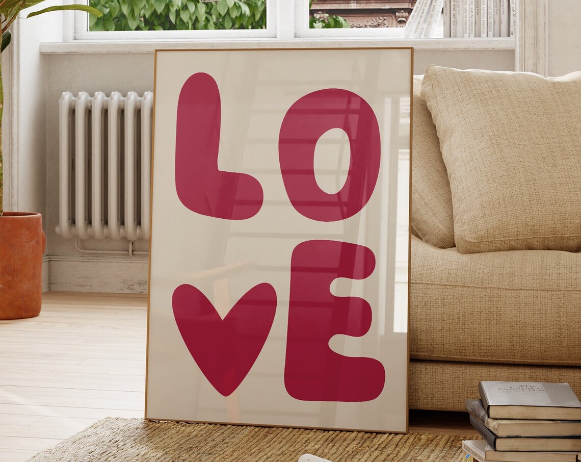 LOVE Typography Art With Heart Bold Red Letters Minimalist Poster - Image 3