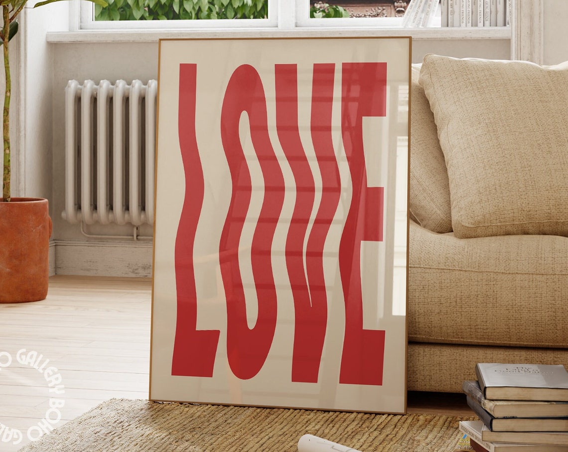 LOVE Wavy Red Psychedelic Typography Bold Retro Quote Art Poster
