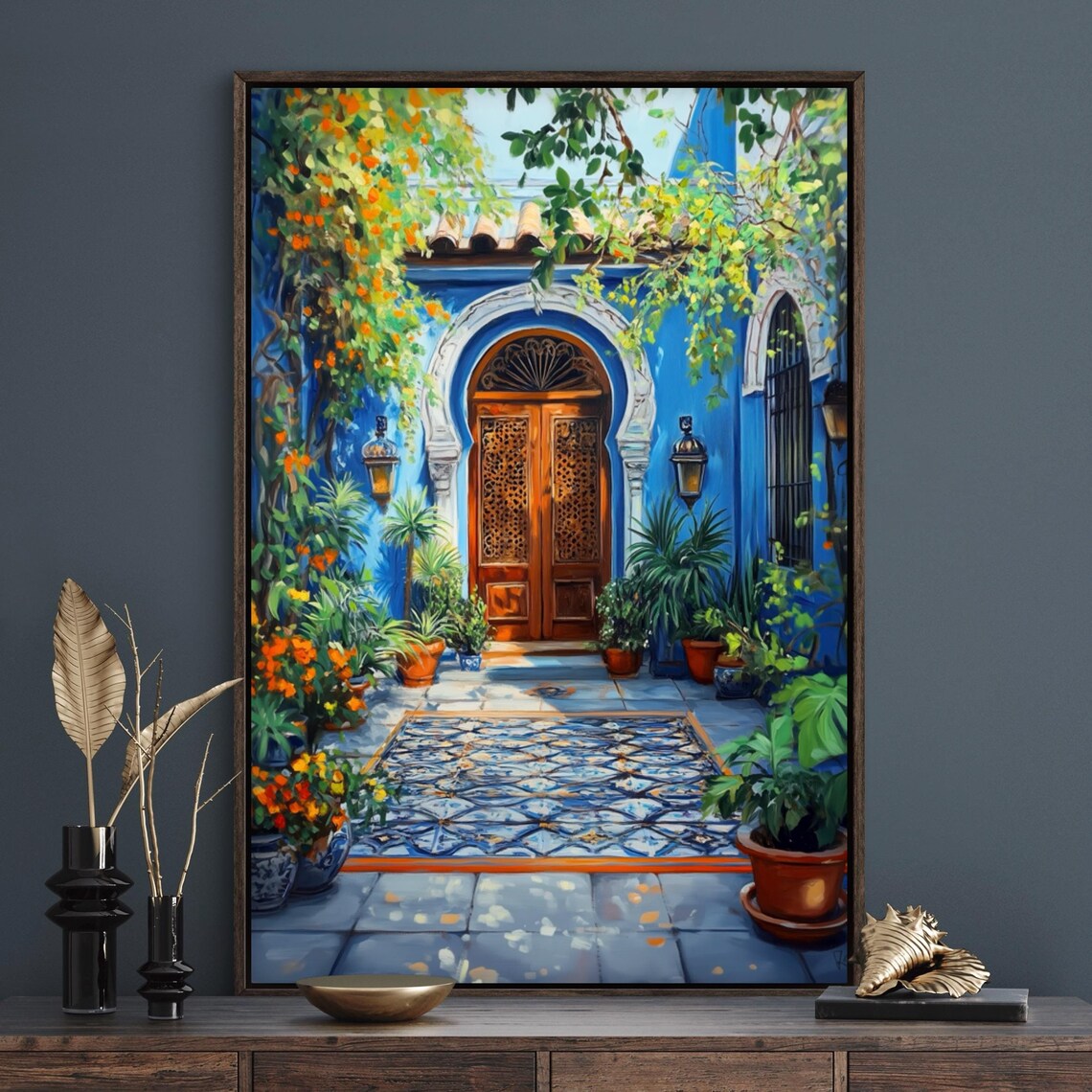 Indian Courtyard Blue Door, Rajasthani Art Print