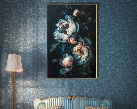 Peony Elegance Baroque Art Peony Painting Print Moody Floral Still Life For Gothic Decor Tranquil Bedroom Botanical Art
