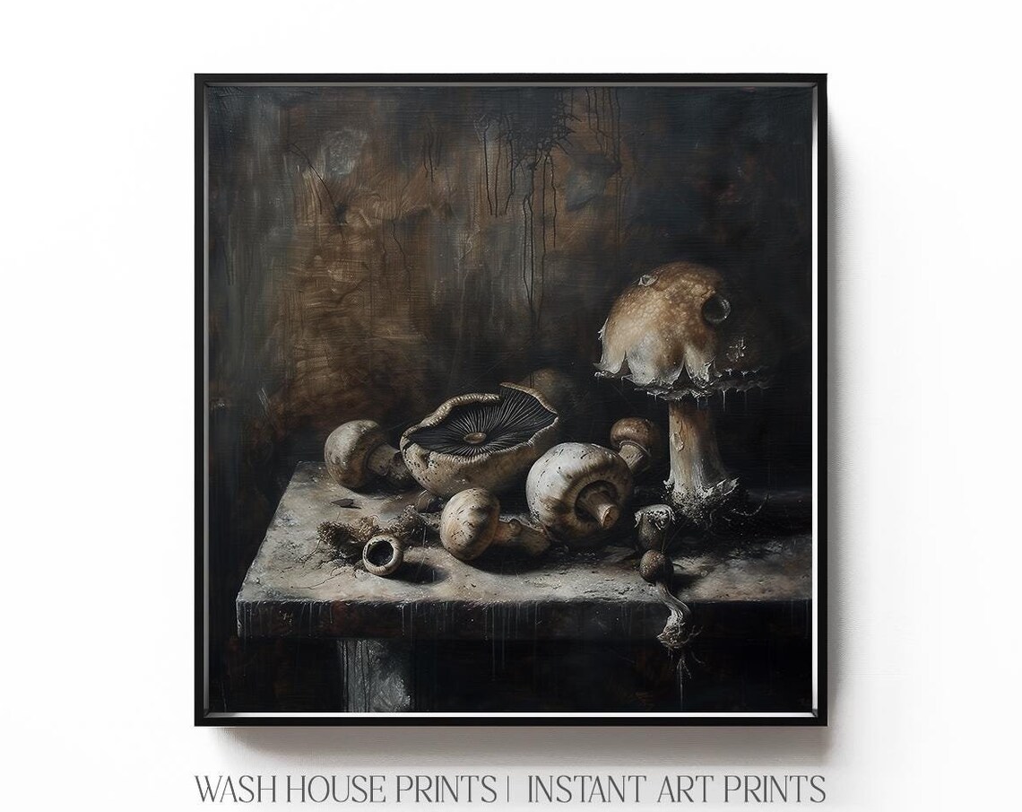 Dark Mushroom Still Life on Wood Table Gothic Vintage Poster