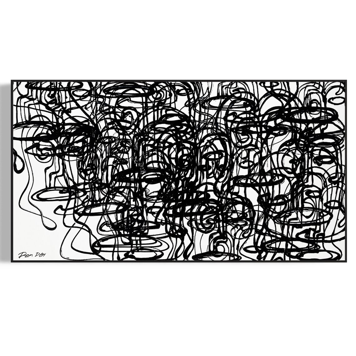 Ron Deri Dense Black Line Faces Crowd Panorama on White Poster