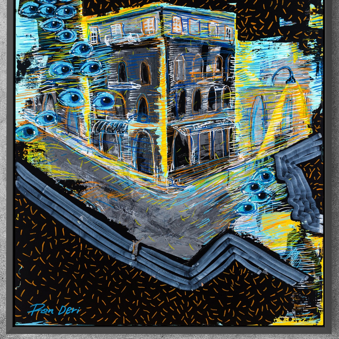 Blue Night Building Eyes Surreal Cityscape Abstract Art Poster - Image 2