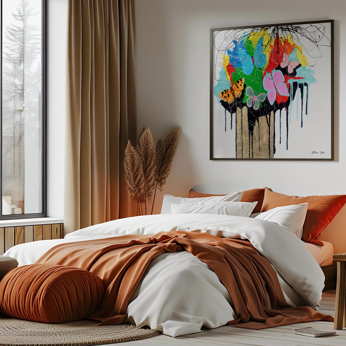 Colorful Butterflies Wall Art Large Square Apartment Decor Abstract Original Art Painting Paper Print Butterfly Painting Gold Leaf Art - Image 4