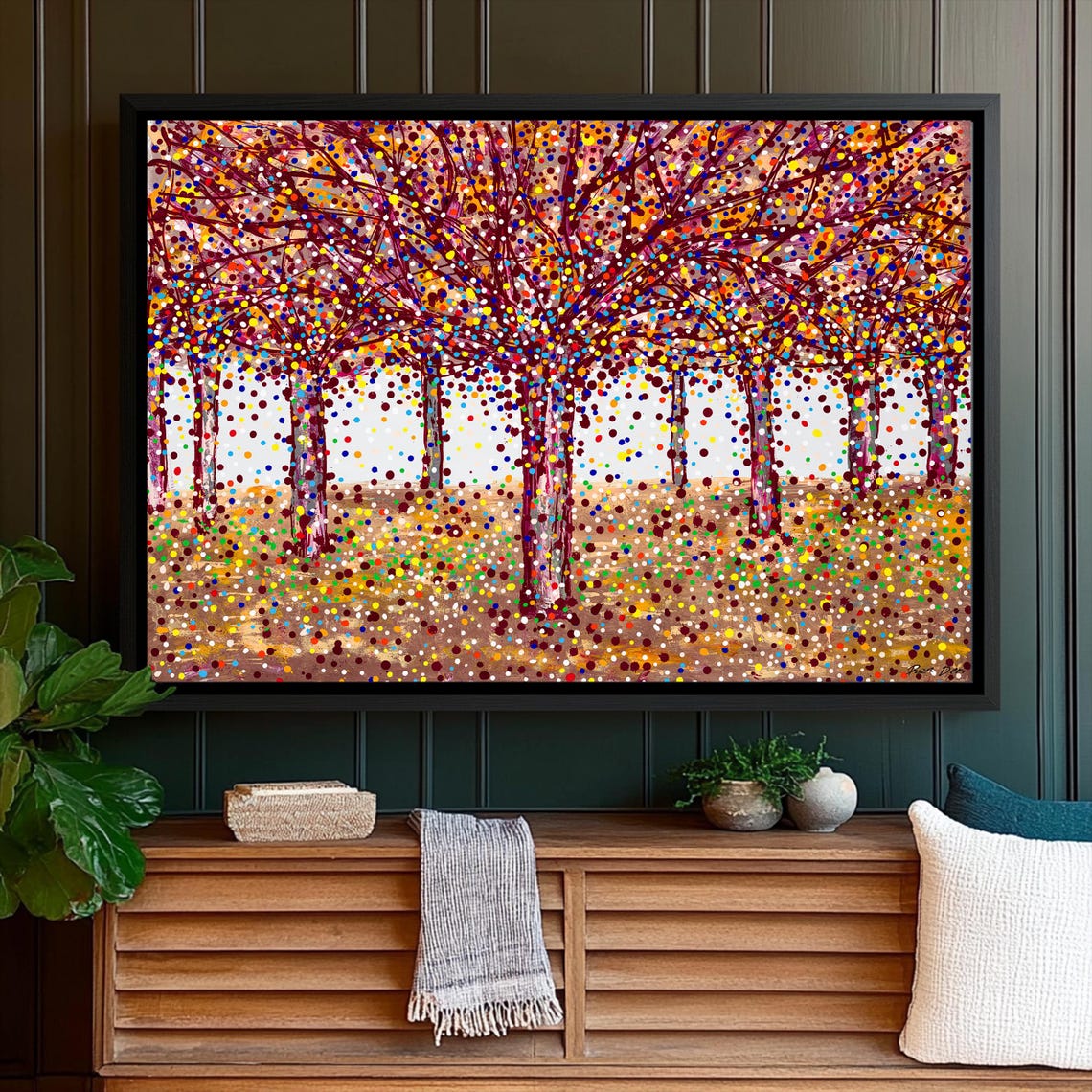 Vibrant Dotted Autumn Forest Square Abstract Landscape Poster - Image 3