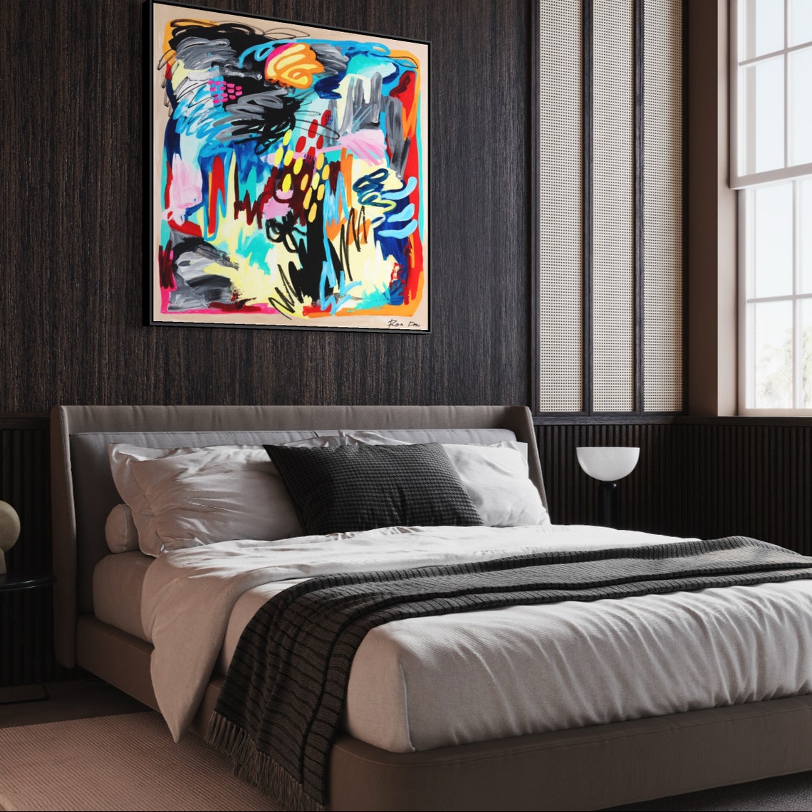Turquoise Red and Yellow Gestural Marks Square Abstract Art Poster - Image 3