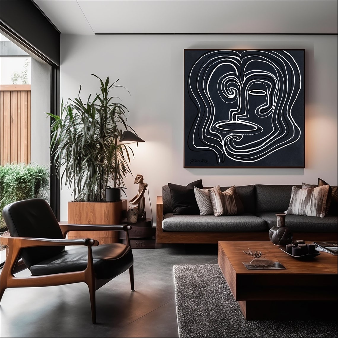 Framed White Line Face on Black Minimalist Modern Art Poster - Image 3
