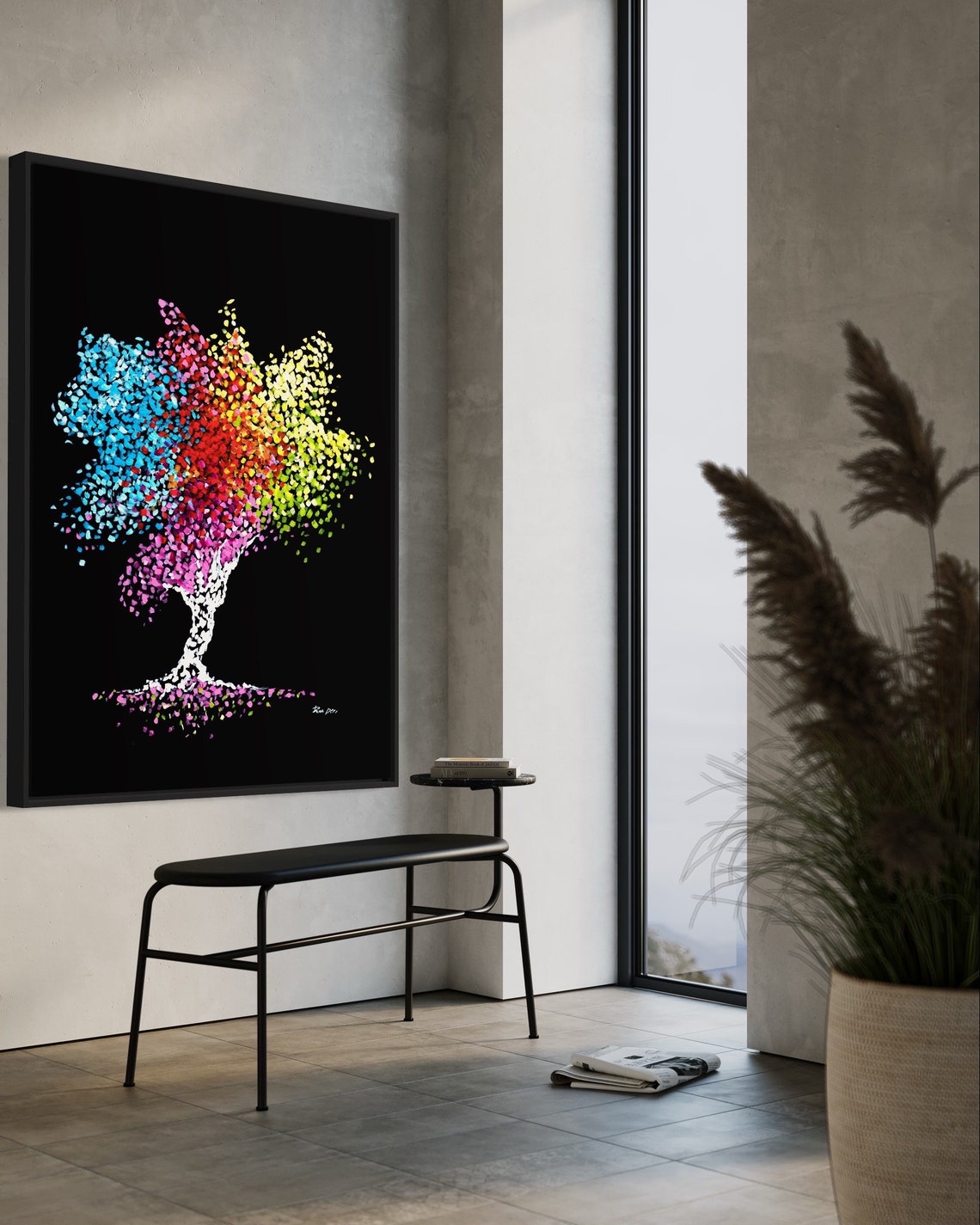 Tree Of Life 55 Rainbow Confetti Foliage White Tree Black Poster - Image 2